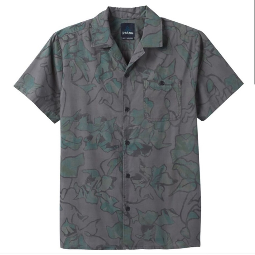 prAna Men’s Caplan Button Up Shirt Azurite Chambray Organic Cotton, Size Large